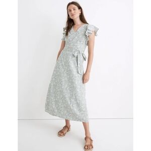 Madewell sage green and white linen blend flutter sleeve midi wrap dress